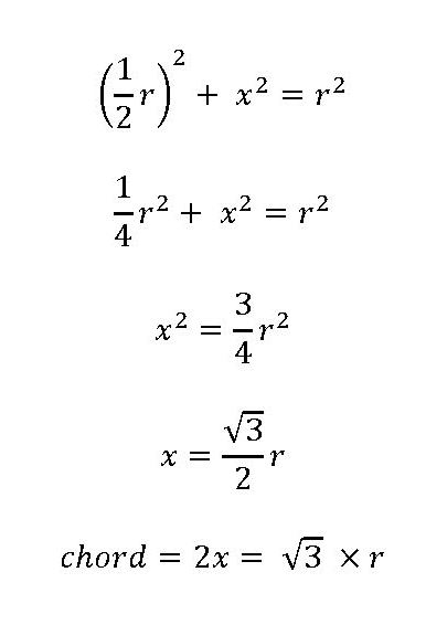 Algebraic work showing that length of chord = the square root of 3 times r in the general case