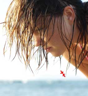 Picture of a girl with wet hair, showing arrows on a single strand of hair, for the purposes of demonstrating the size of about a million atoms of carbon
